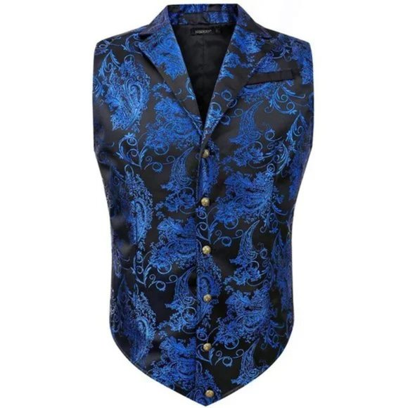 NEW 𝅺MENS Shiny Paisley Suit Vest Waistcoat Blue - Picture 2 of 5